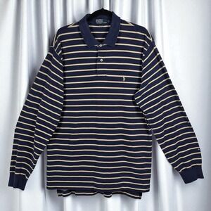 Polo Ralph Lauren Striped Long Sleeve Polo Shirt Men XL Vintage Classic Fit Blue